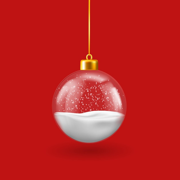 Vector hanging christmas ball with snow inside on red