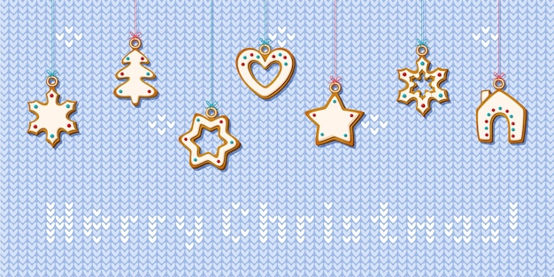 Hanging christmas gingerbread cookies on knitted background. homemade biscuits in shape of house and christmas tree, star and snowflake and heart for card and festive web banner. vector illustration