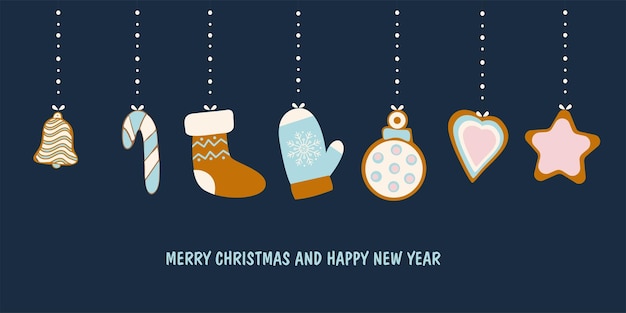 クリスマス ツリーのおもちゃをぶら下げジンジャー クッキー幸せな新年と青色の背景に分離されたクリスマス ベクトル イラストの形で