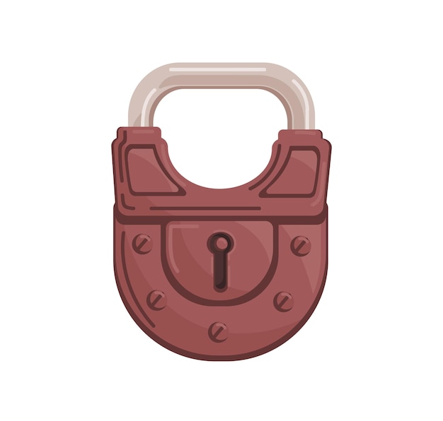 Hanging closed iron colored padlock with locked metal shackle and keyhole. Realistic protecting mechanism with key hole for lockers and safes. Flat cartoon vector illustration isolated on white.