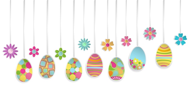 Vector hanging colorful easter eggs and flowers made of paper on white background