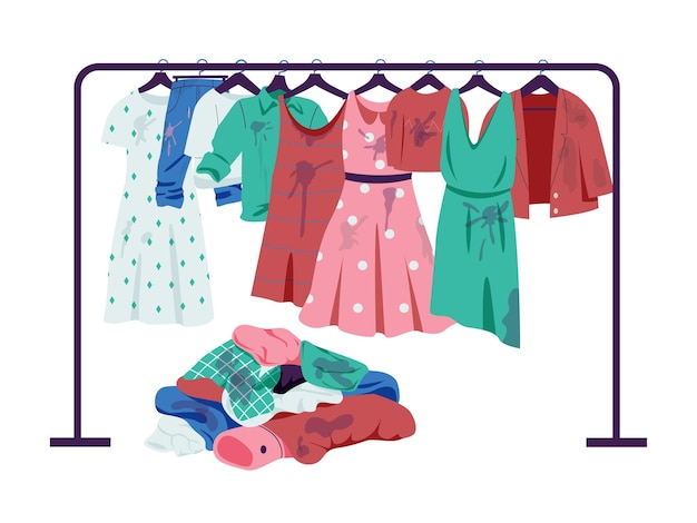 Вектор Вешалка для грязной одежды вешалка для одежды с различными нарядами модный бутик с висящей одеждой на продажу векторная иллюстрация брюки, рубашки и куртки с пятнами грязи