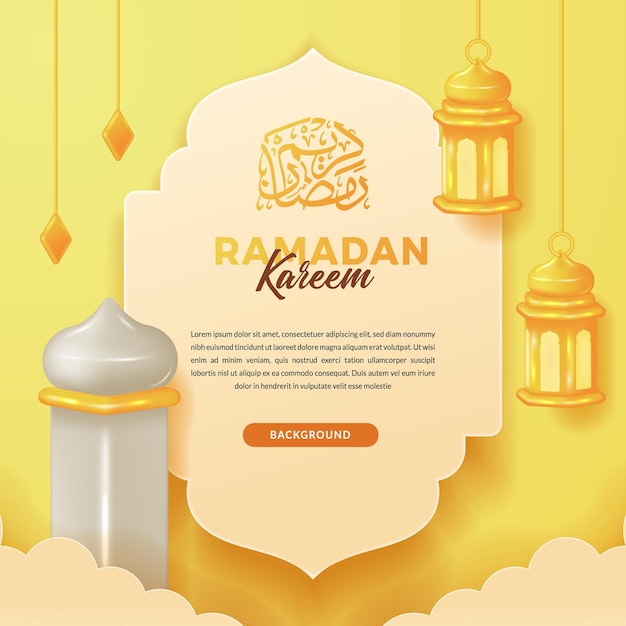 Hanging fanous arabic lantern with 3d tower mosque for greeting social media template for ramadan kareem or islamic event with arabic calligraphy  text translation  blessed ramadan