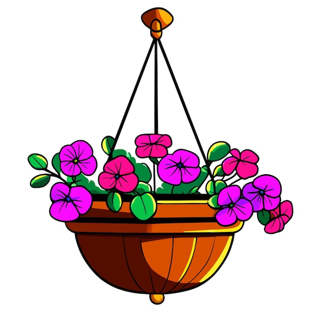 Vector hanging flower basket with petunias vector illustration