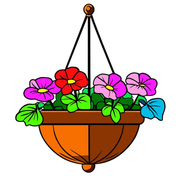 Vector hanging flower basket with petunias vector illustration