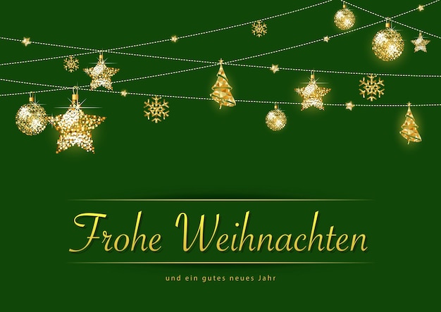 Развешивание золотых блестящих рождественских украшений на зеленом фоне с немецкими текстами