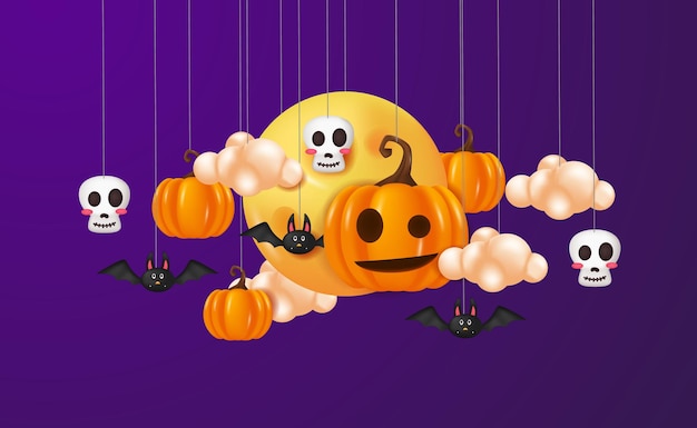 Vector hanging halloween decoration banner with purple night background