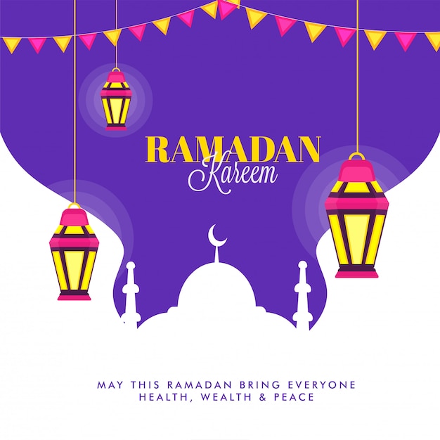 Hanging illuminating lanterns and mosque on purple background. ramadan kareem concept