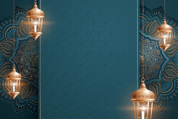 Vector hanging lanterns on blue beautiful arabesque pattern background with copy space