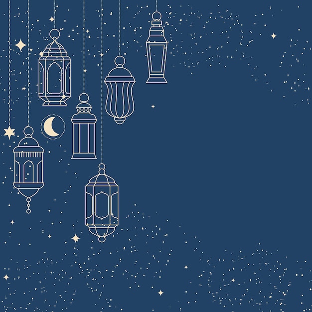 Hanging lanterns over night sky arabic lamp lights Ramadan Kareem garland vector