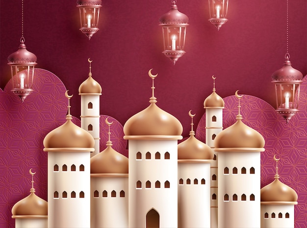 Hanging lanterns with golden mosque on red background