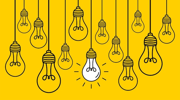 Hanging light bulbs with one glowing on yellow background Concept of idea