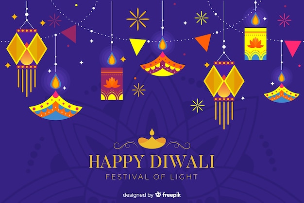 Hanging lights flat diwali background