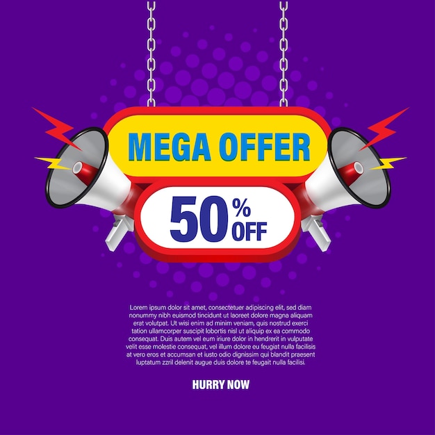 Hanging mega offer discount board announcing megaphones