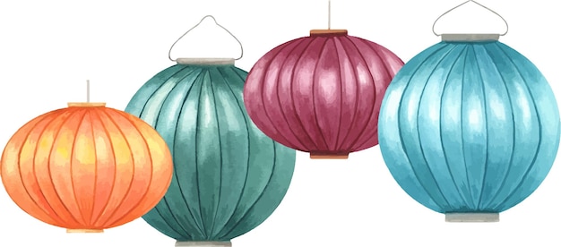 hanging paper lantern watercolor celebrating illustration vibrant orange green purple blue diwali lamps for light festival of india or china festive composition for home decor greeting card