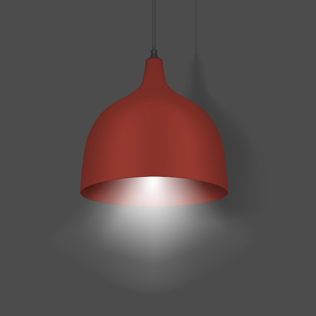 Hanging pendant lamp. Modern interior light. Chandelier with red lampshade. Vector illustration
