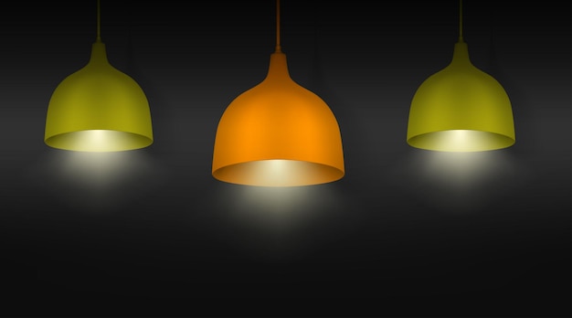 Hanging pendant lamps with light on Chandeliers with color lampshades Realistic vector illustration