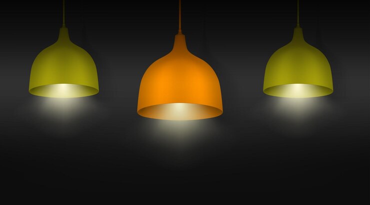Vector hanging pendant lamps with light on chandeliers with color lampshades realistic vector illustration