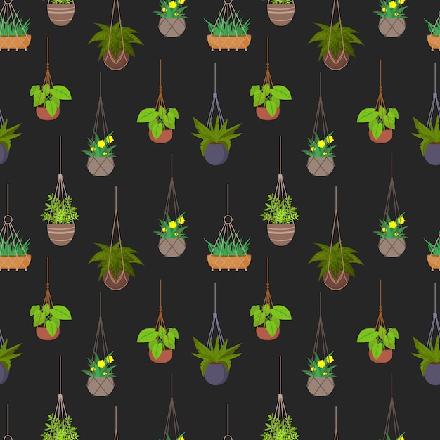 Hanging pots with plants seamless pattern