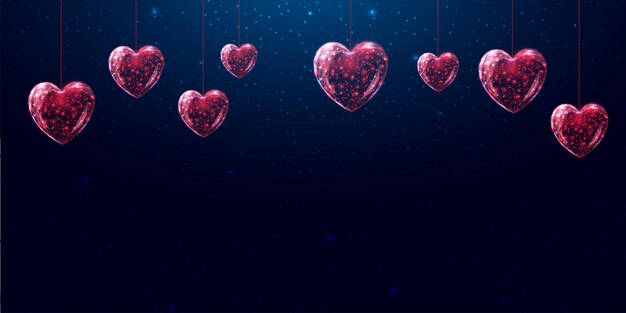 Vector hanging red hearts saint valentines day concept with glowing low poly hearts