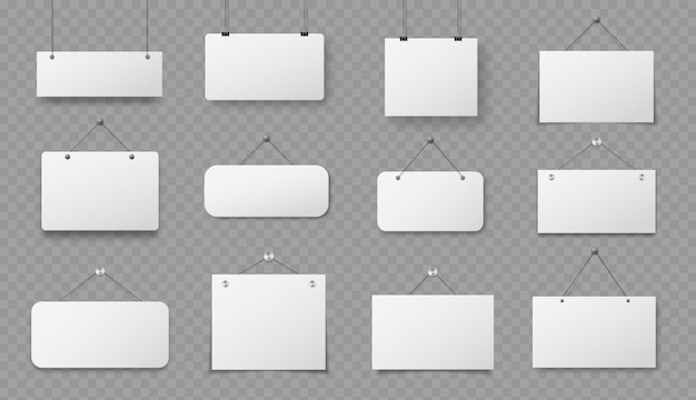 Висячий знак. Реалистичные вывески из чистого листа бумаги с веревкой, информационное предупреждение, пустые белые картонные вывески висят для набора векторных текстов