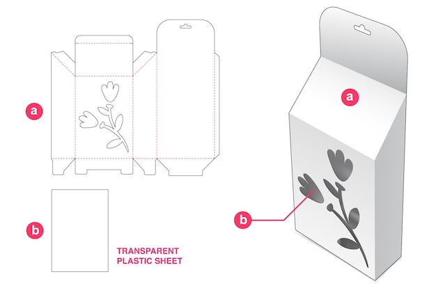 Vector hanging sloped box with flower icon window and transparent plastic sheet die cut template