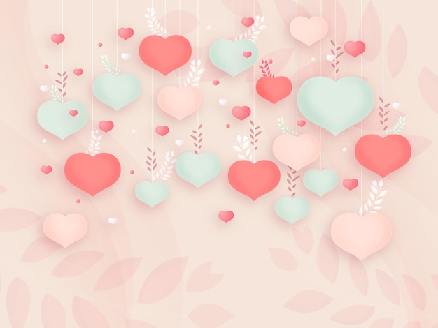 Hanging Soft Color Hearts Shape Decorated On Pastel Pink Leaves Background Love or Valentines Day Concept