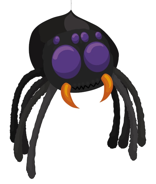 Висящая плюшевая игрушка-паук с пушистыми лапками, множеством глаз и заостренными клыками на белом фоне