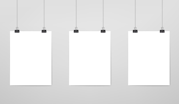 Vector hanging white paper sheet posters mockup pages