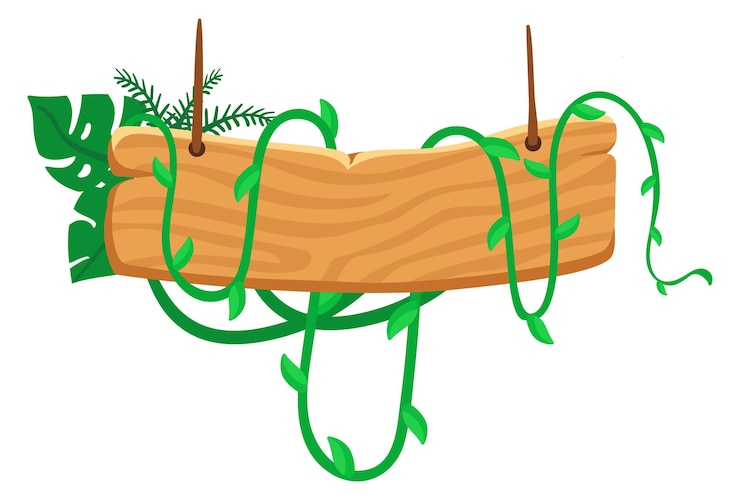 Vector hanging wooden signboard with green ivy plank template