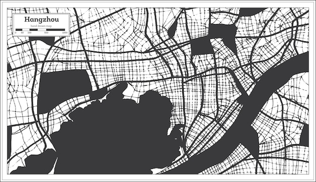 Hangzhou China City Map in Black and White Color in Retro Style Outline Map