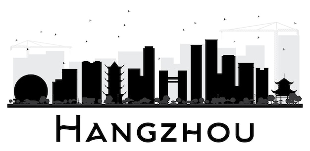 Siluetta in bianco e nero dell'orizzonte della città di hangzhou. illustrazione vettoriale. semplice concetto piatto per presentazione turistica, banner, cartellone o sito web. paesaggio urbano con punti di riferimento.