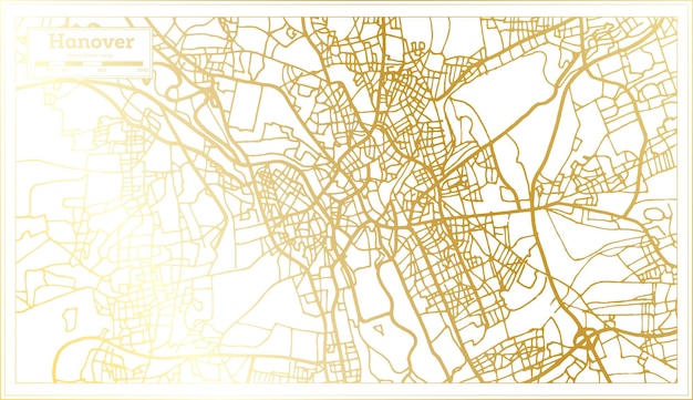 Mappa della città di hannover in germania in stile retrò con mappa di contorno a colori dorati