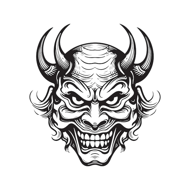 Vector hannya japanese theater mask vintage logo line art concept black and white color hand drawn illustration