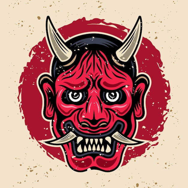 Hannya japans theater gehoornd rood masker vintage vector gekleurde illustratie in retro stijl met grunge texturen