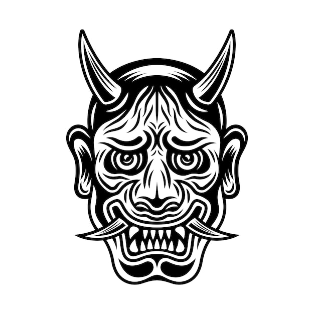 Hannya Japans theatermasker met hoorns demon gezicht vectorillustratie in vintage zwart-wit stijl geïsoleerd op witte achtergrond