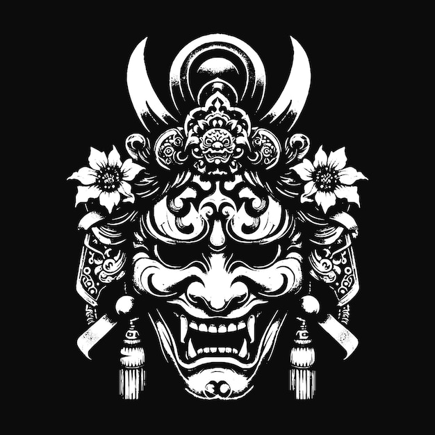 Vector hannya mask japanse oni duistere duivel orientale horror art grunge vintage old school illustratie
