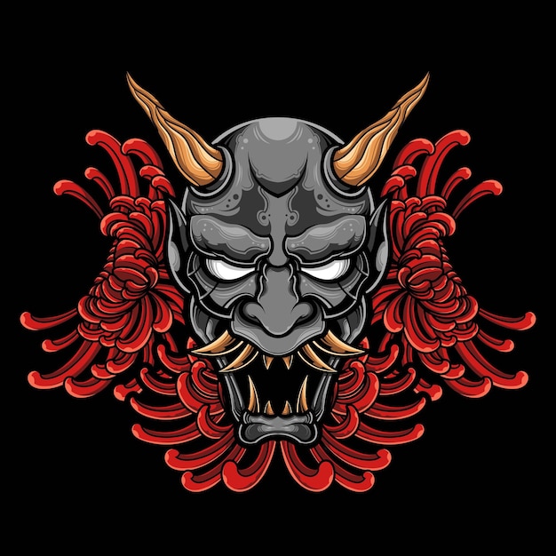 hannya oni mask vector with chrysanthemum flower