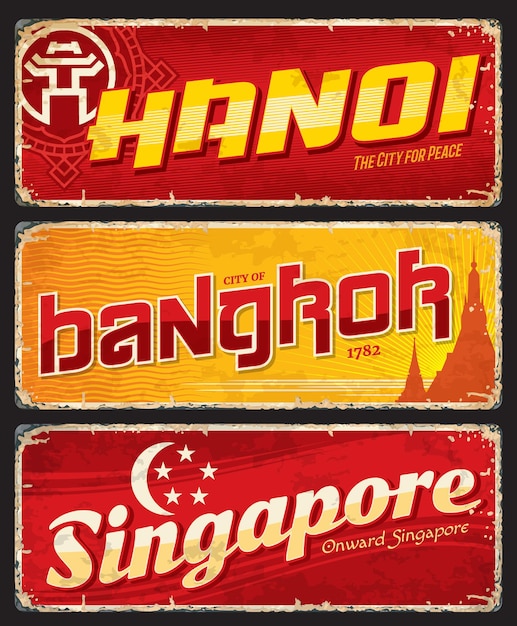 Vector hanoi bangkok singapore city travel plates