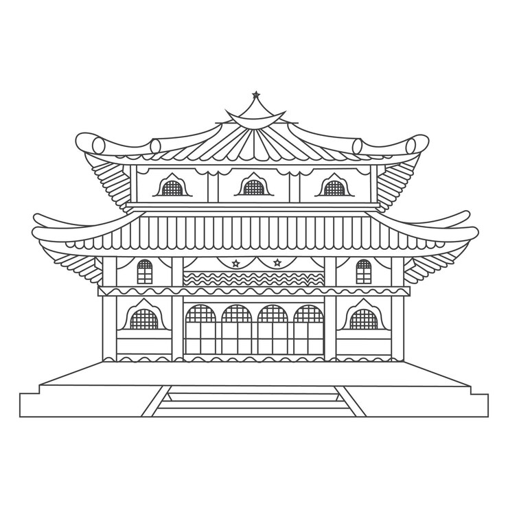 Vector hanok gate korean traditional architecture line art design