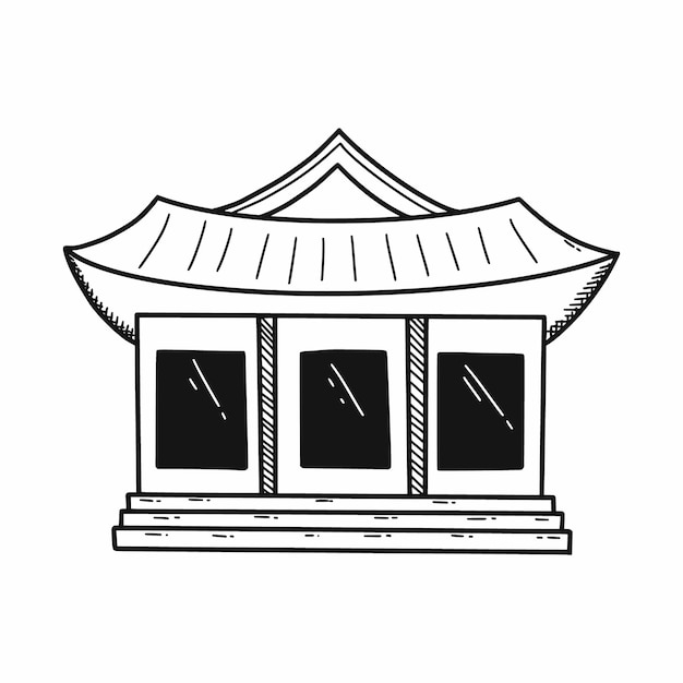 Hanok Traditional Korean house East Asian culture Vector doodle illustration Sketch Architecture of city