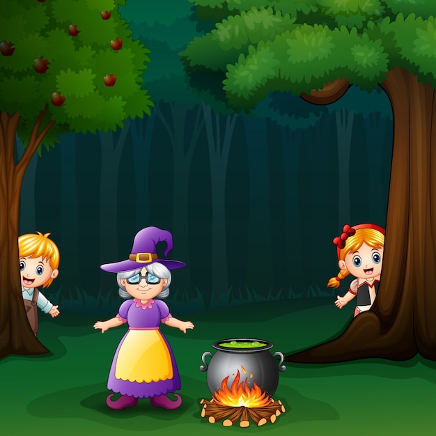 Vector hansel and gretel in forest with witch