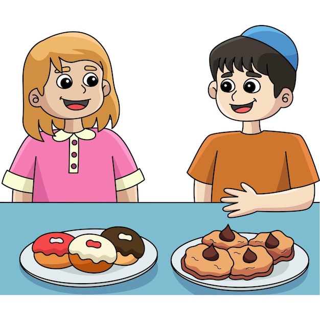 ハヌカの男の子と女の子のごちそう漫画クリップアート