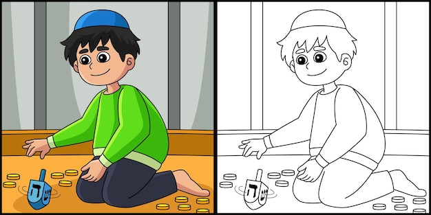 Hanukkah Boy Playing Dreidel Coloring Illustration