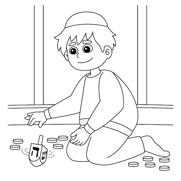 Hanukkah Boy Playing Dreidel Coloring Page