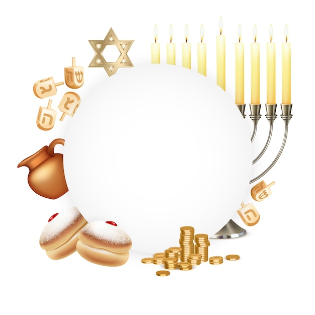 Hanukkah celebration circular banner with six pointed david star menora candelabrum moon