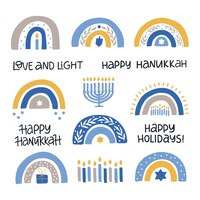 向量庆祝光明节排版。传统的犹太节日。光明节祝愿孤立在白色的。手写hanuka节日彩虹,蜡烛,烛台,陀螺