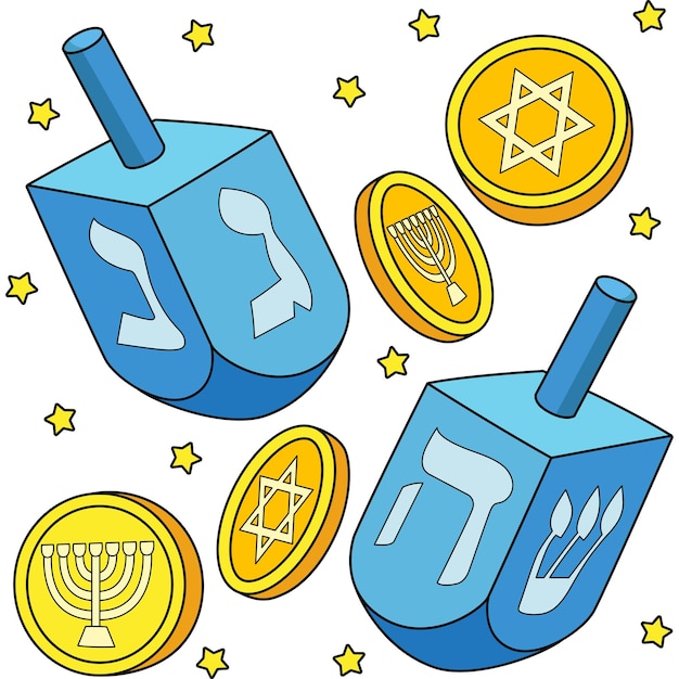 Vettore hanukkah dreidel e monete cartone animato colorato clipart