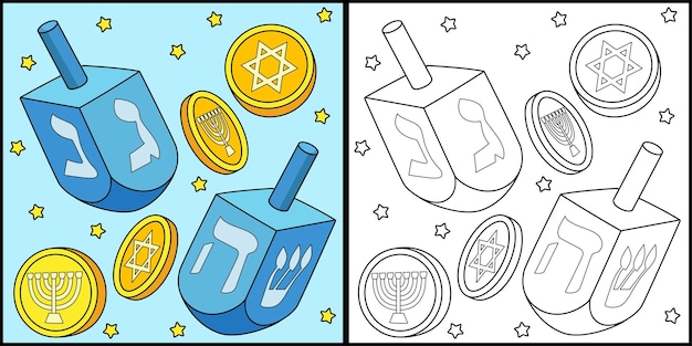 Hanukkah Dreidel and Coins Coloring Illustration