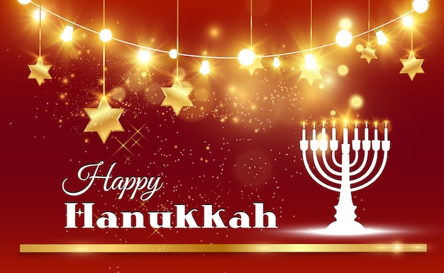 Поздравительная открытка Хануки на красивом фоне со звездами Давида и израильским подсвечником.